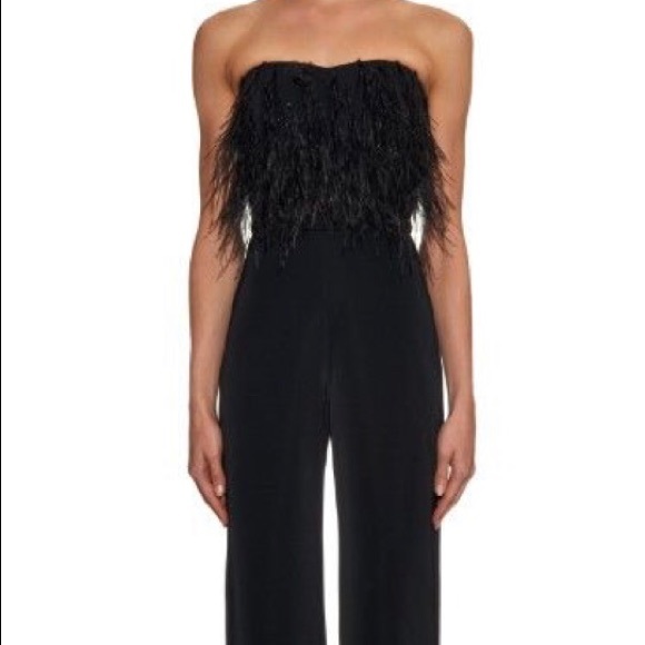 Saloni satin/ crepe jumpsuit with feathers - Picture 2 of 8